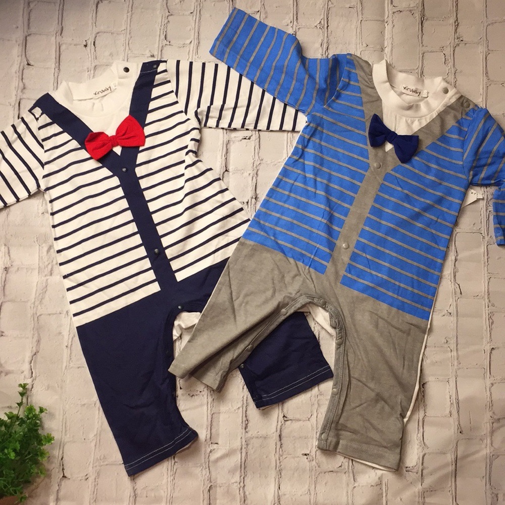 3xHP Boutique NAVY & RED Boy’s Dress Long Sleeve Romper Outfit w/Bow tie
